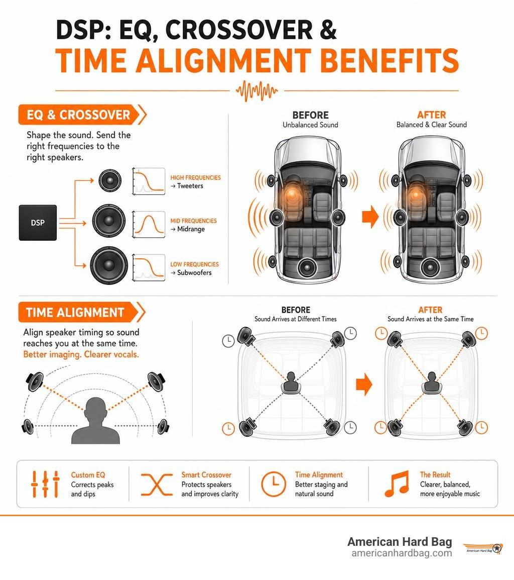 Infographic showing DSP EQ crossover and time alignment benefits infographic