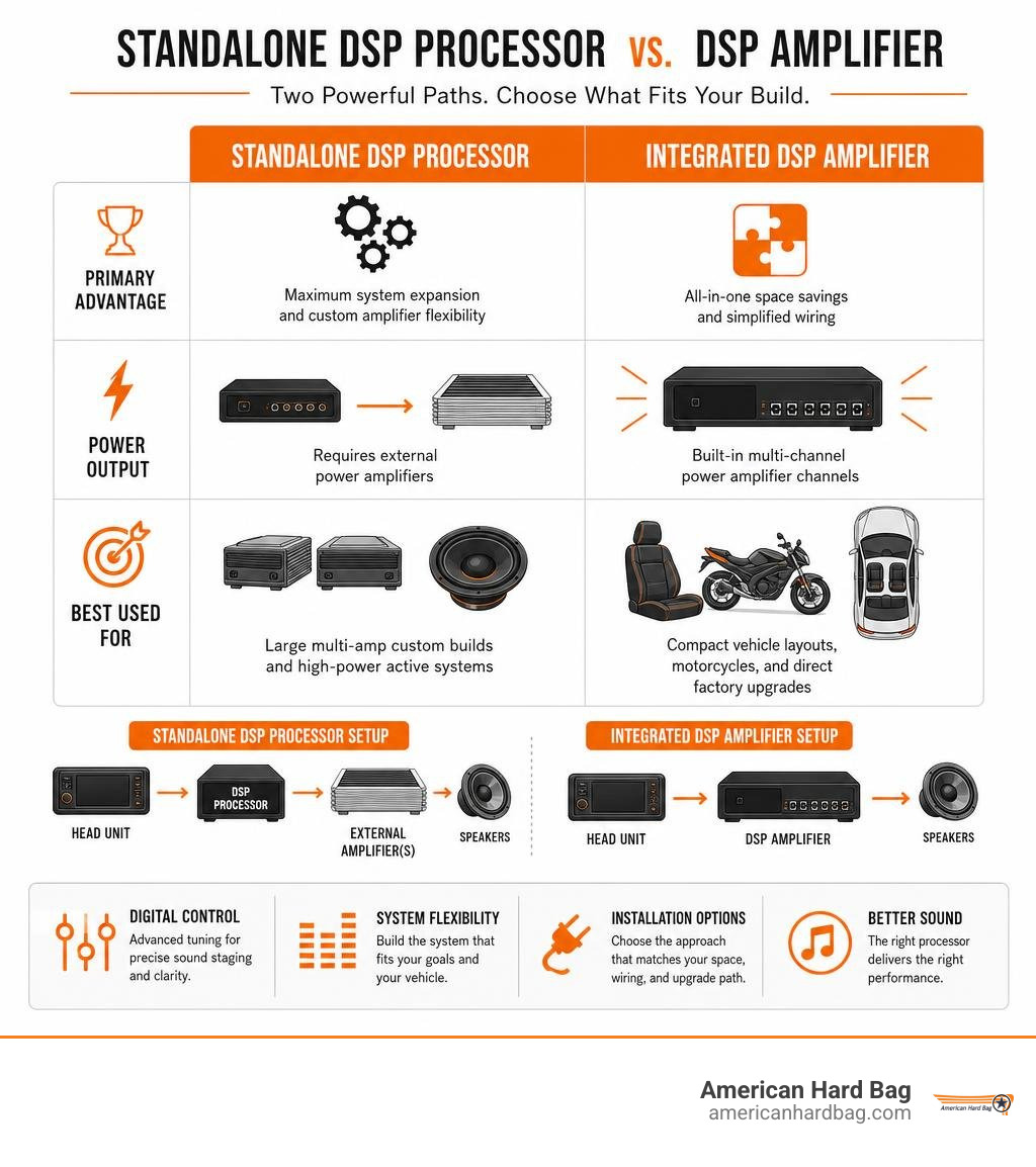 Comparison table comparing standalone DSP processors and DSP amplifiers infographic