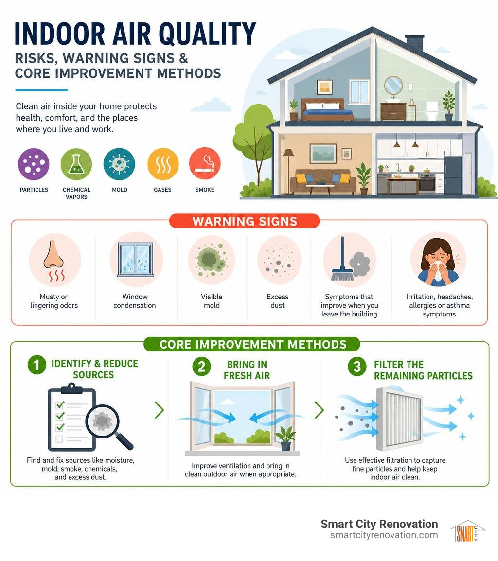 Indoor air quality risks, warning signs, and core improvement methods infographic Indoor air quality risks, warning signs, and core improvement methods infographic