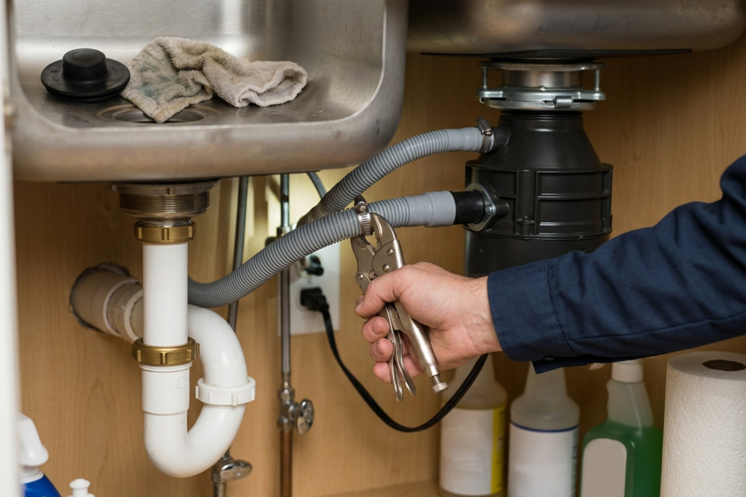 Plunging a double kitchen sink while clamping the dishwasher drain hose Plunging a double kitchen sink while clamping the dishwasher drain hose