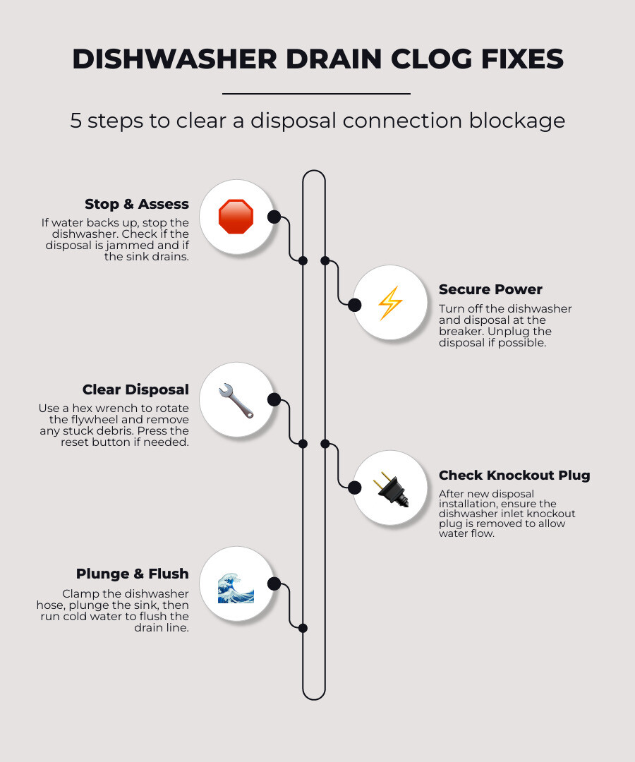 Infographic showing dishwasher disposal shared drain clogs and symptom checks infographic Infographic showing dishwasher disposal shared drain clogs and symptom checks infographic