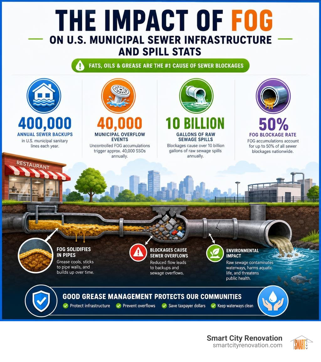 Impact of FOG on U.S. municipal sewer infrastructure and spill stats infographic Impact of FOG on U.S. municipal sewer infrastructure and spill stats infographic