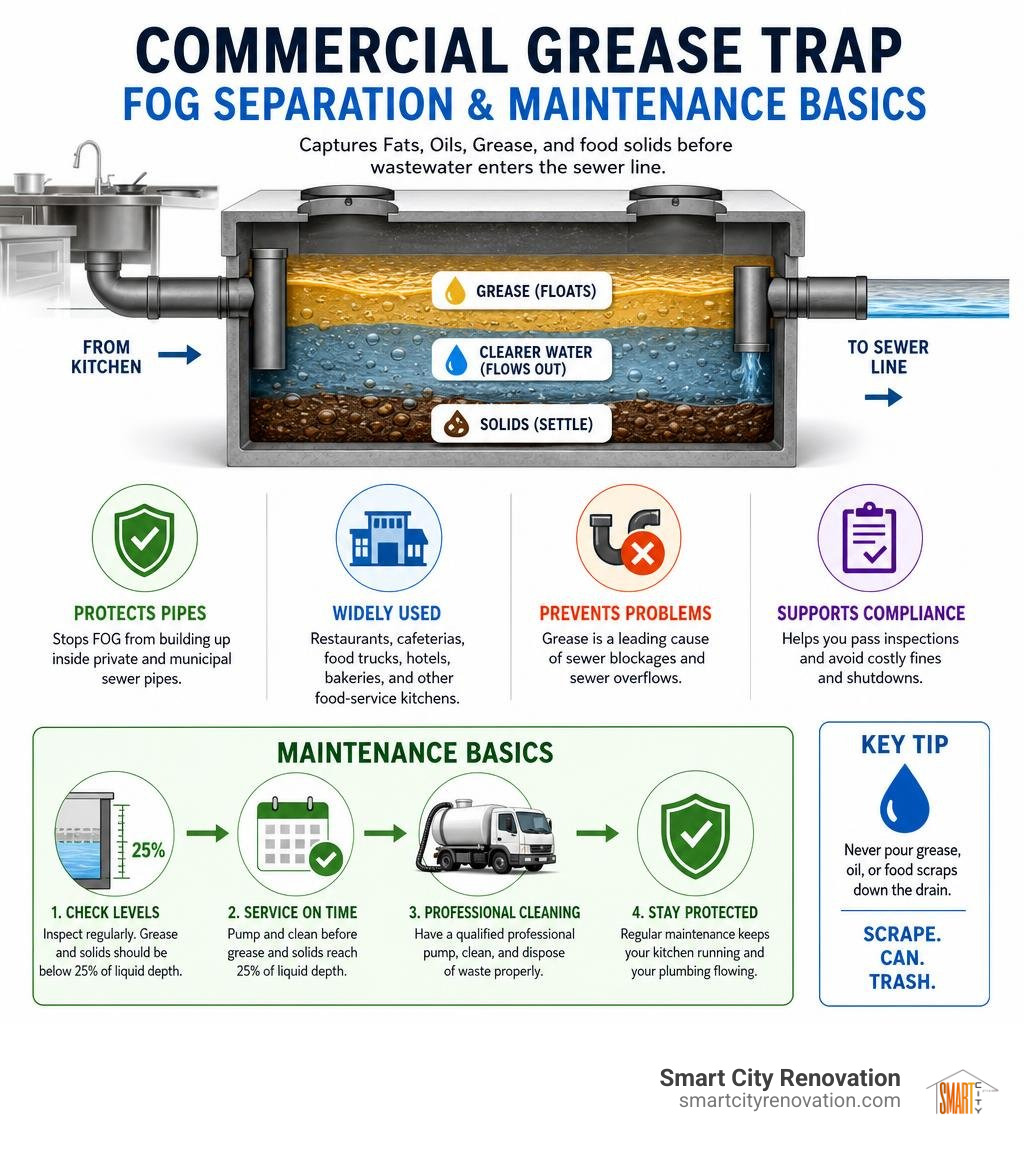 Commercial grease trap FOG separation and maintenance basics infographic Commercial grease trap FOG separation and maintenance basics infographic