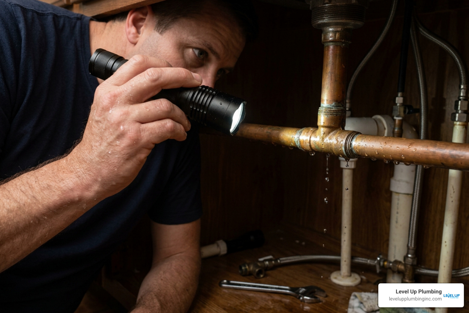 homeowner inspecting pipe joint with flashlight homeowner inspecting pipe joint with flashlight