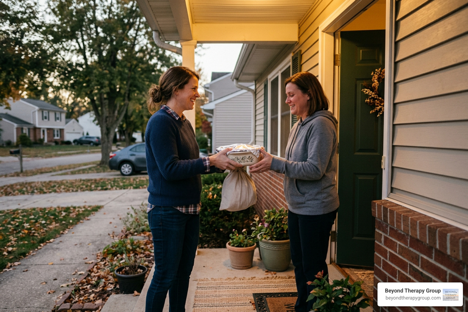 Friend delivering a home cooked meal to a caregiver Friend delivering a home cooked meal to a caregiver