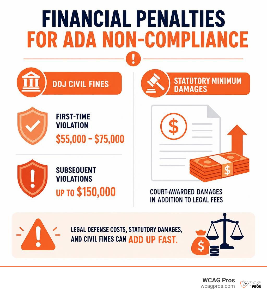 Financial penalties for ADA non compliance including DOJ civil fines and statutory minimum damages infographic Financial penalties for ADA non compliance including DOJ civil fines and statutory minimum damages infographic