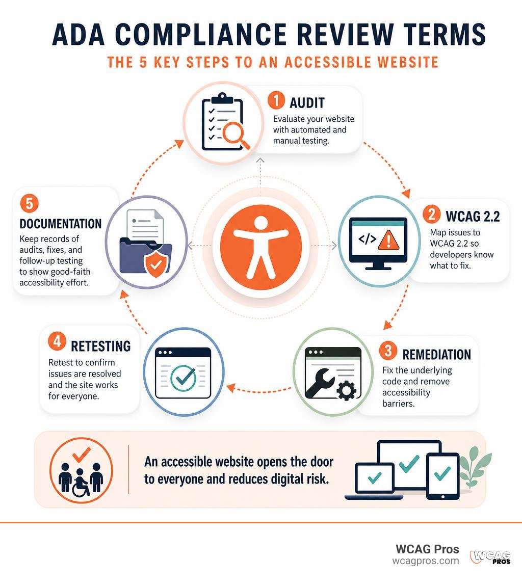 ADA compliance review terms: audit, WCAG 2.2, remediation, retesting, documentation infographic ADA compliance review terms: audit, WCAG 2.2, remediation, retesting, documentation infographic
