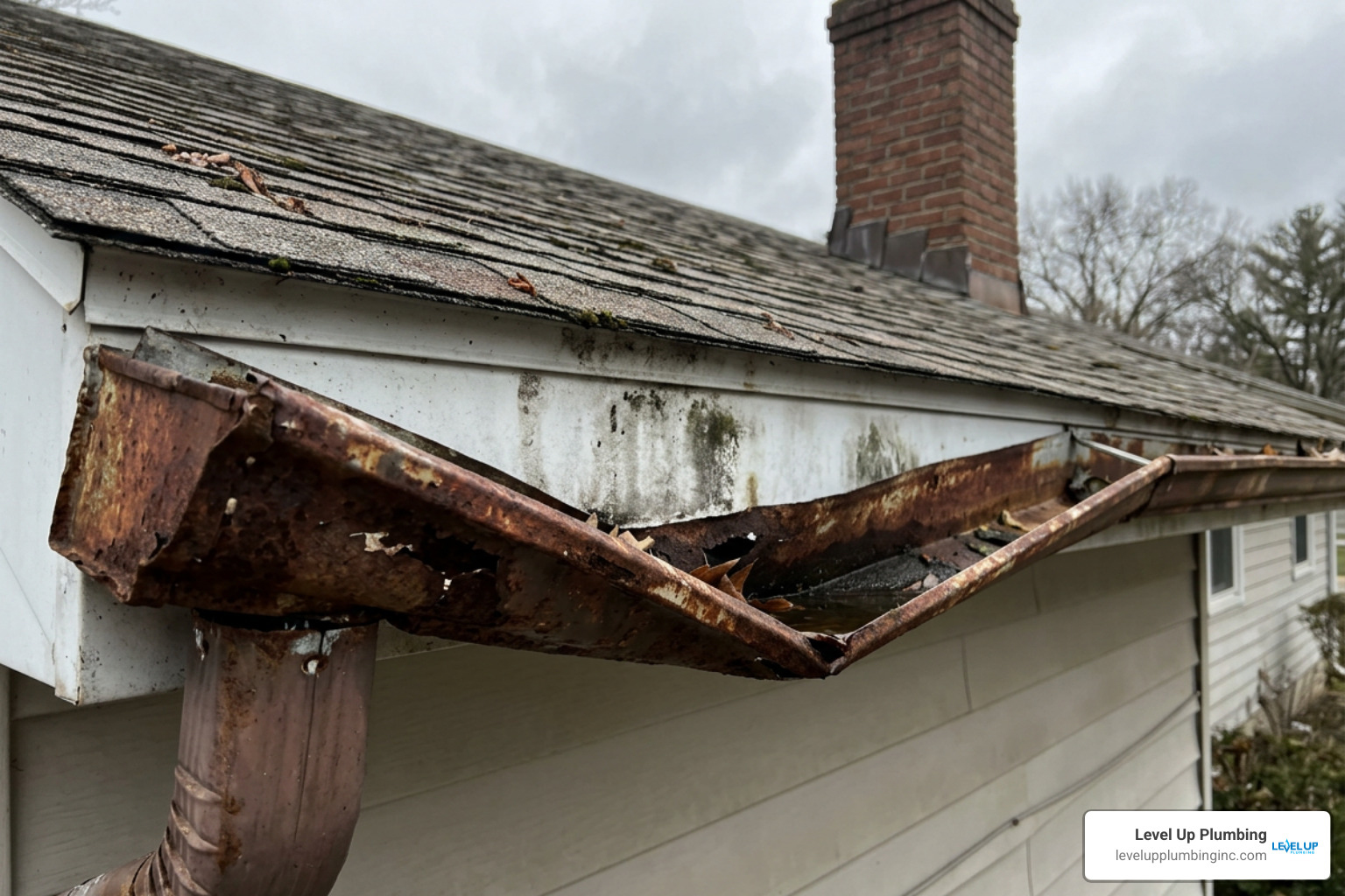 Severe rust corrosion and sagging gutter sections along a roofline