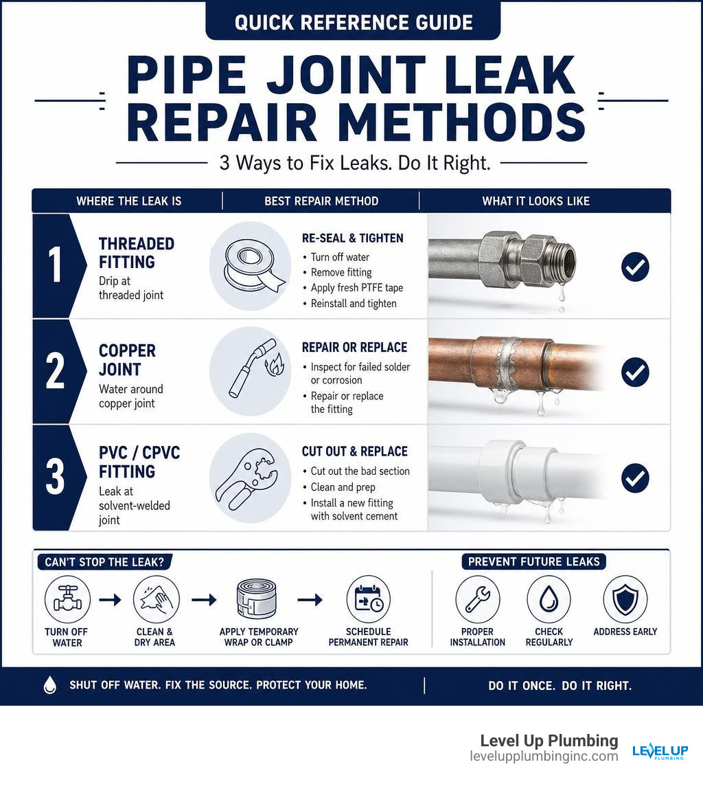 Quick reference guide to pipe joint leak repair methods infographic Quick reference guide to pipe joint leak repair methods infographic