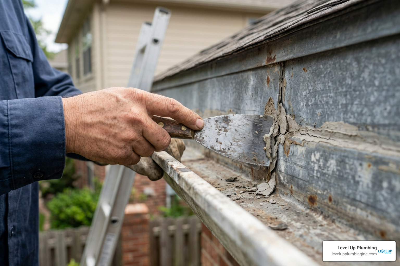 Scraping away old sealant from inside a metal gutter seam
