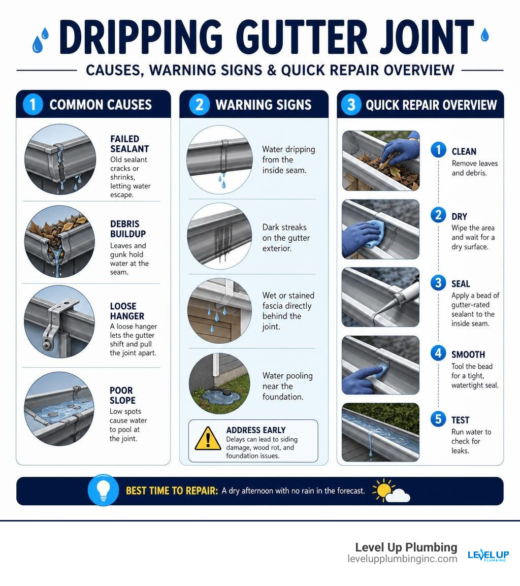 Dripping gutter joint causes, warning signs, and quick repair overview infographic