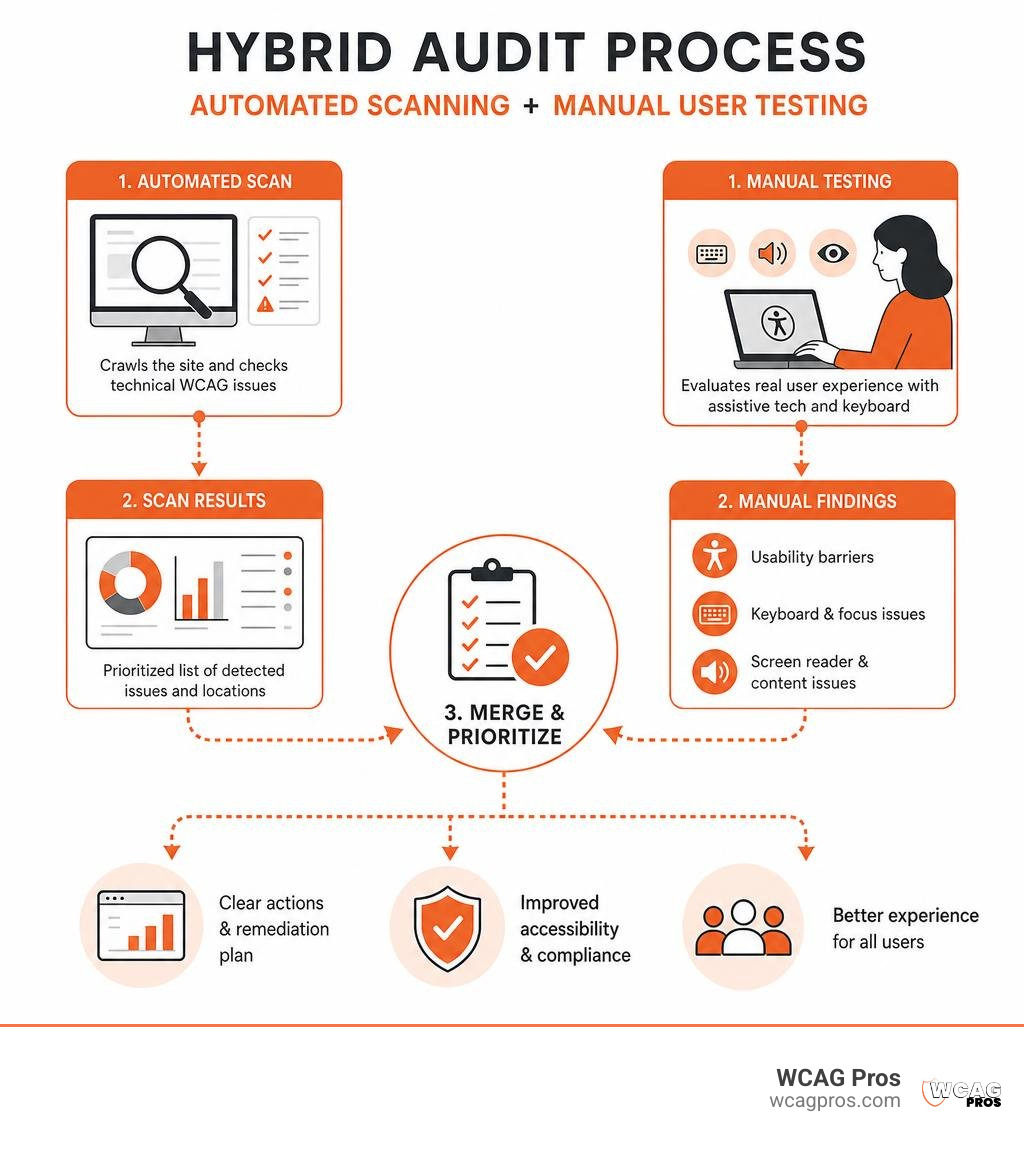 Infographic showing the hybrid audit process combining automated scanning and manual user testing infographic Infographic showing the hybrid audit process combining automated scanning and manual user testing infographic