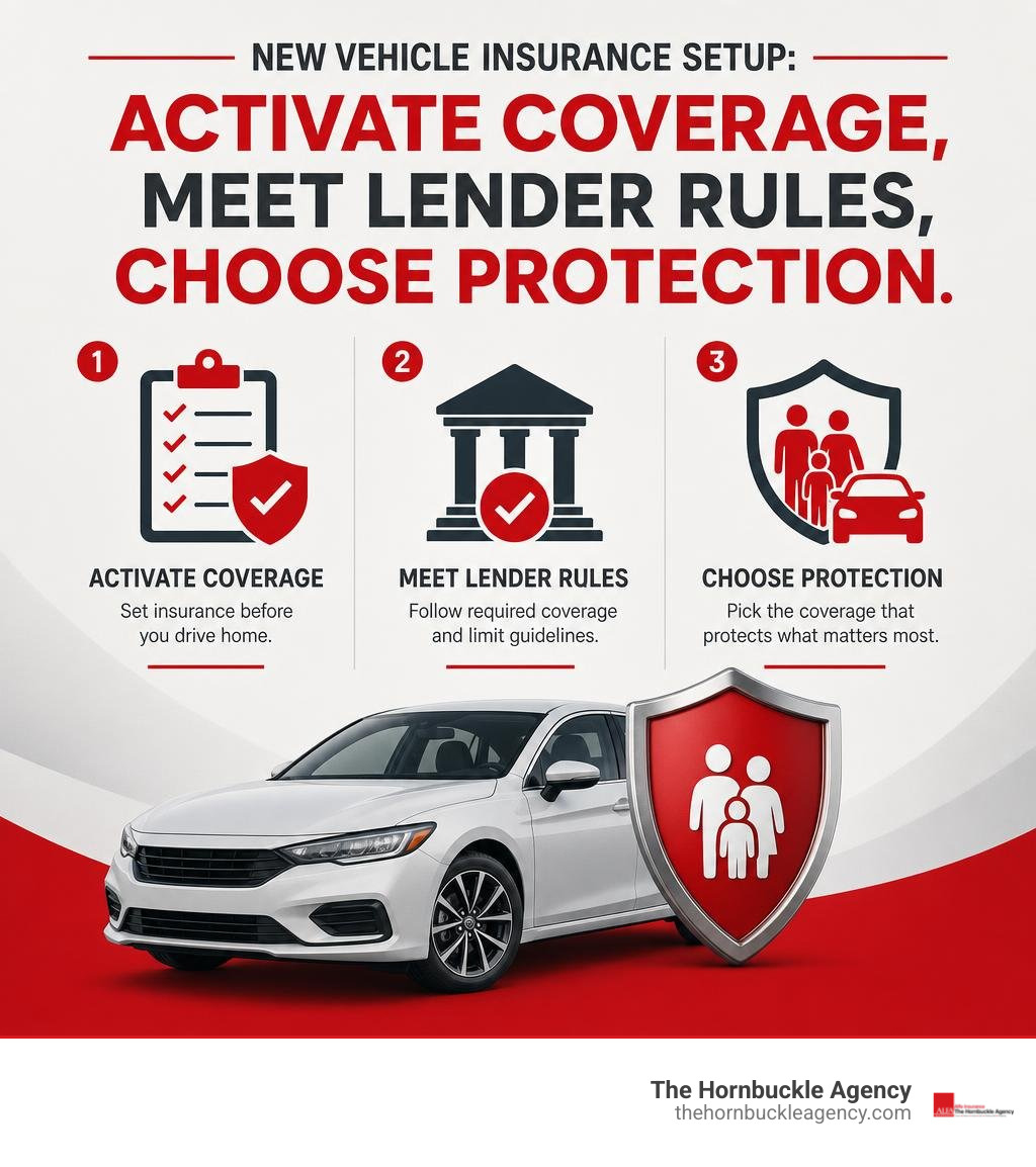 New vehicle insurance setup: activate coverage, meet lender rules, choose protection infographic New vehicle insurance setup: activate coverage, meet lender rules, choose protection infographic