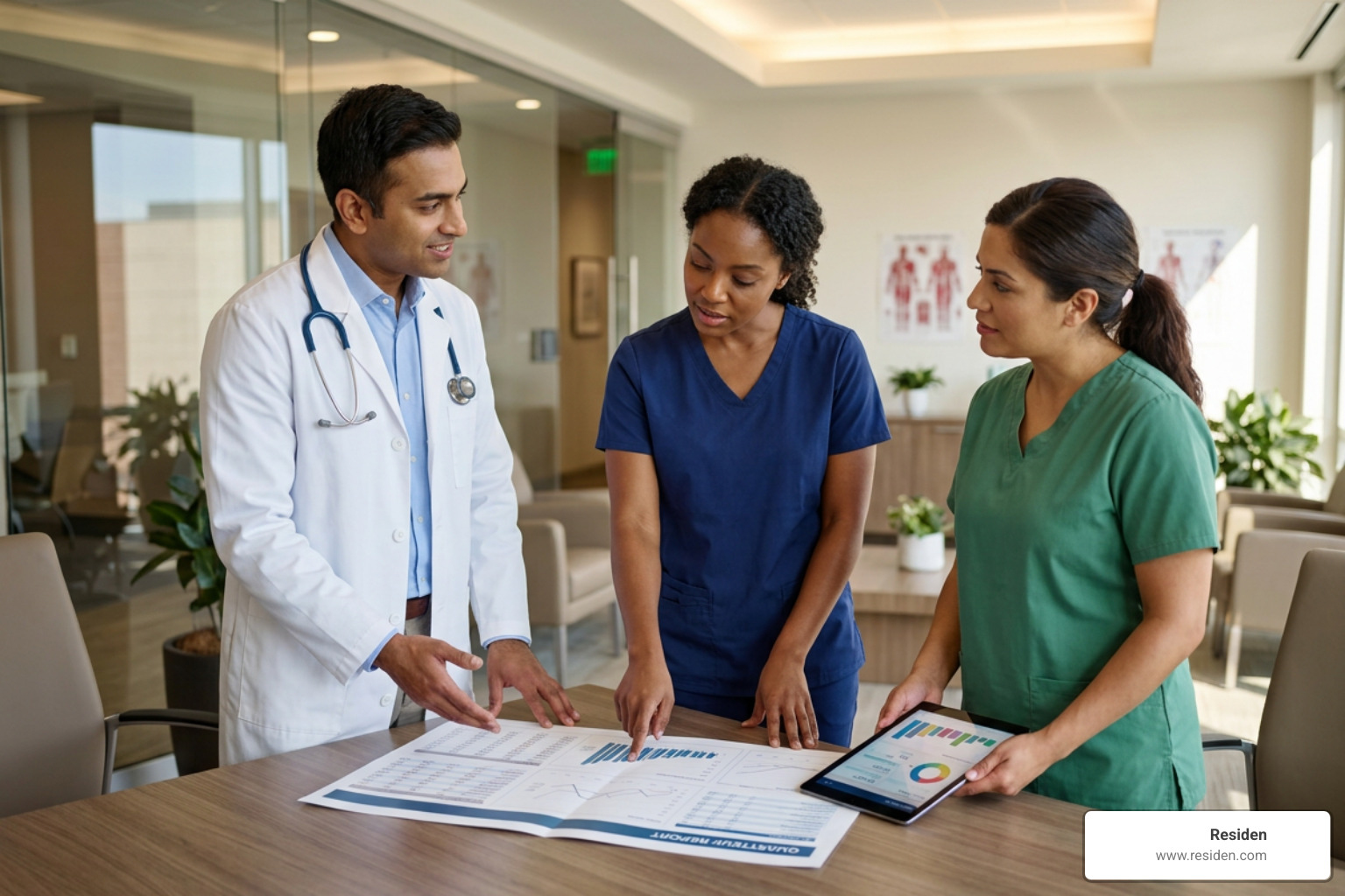 medical team reviewing quarterly financial reports and metrics dashboard medical team reviewing quarterly financial reports and metrics dashboard