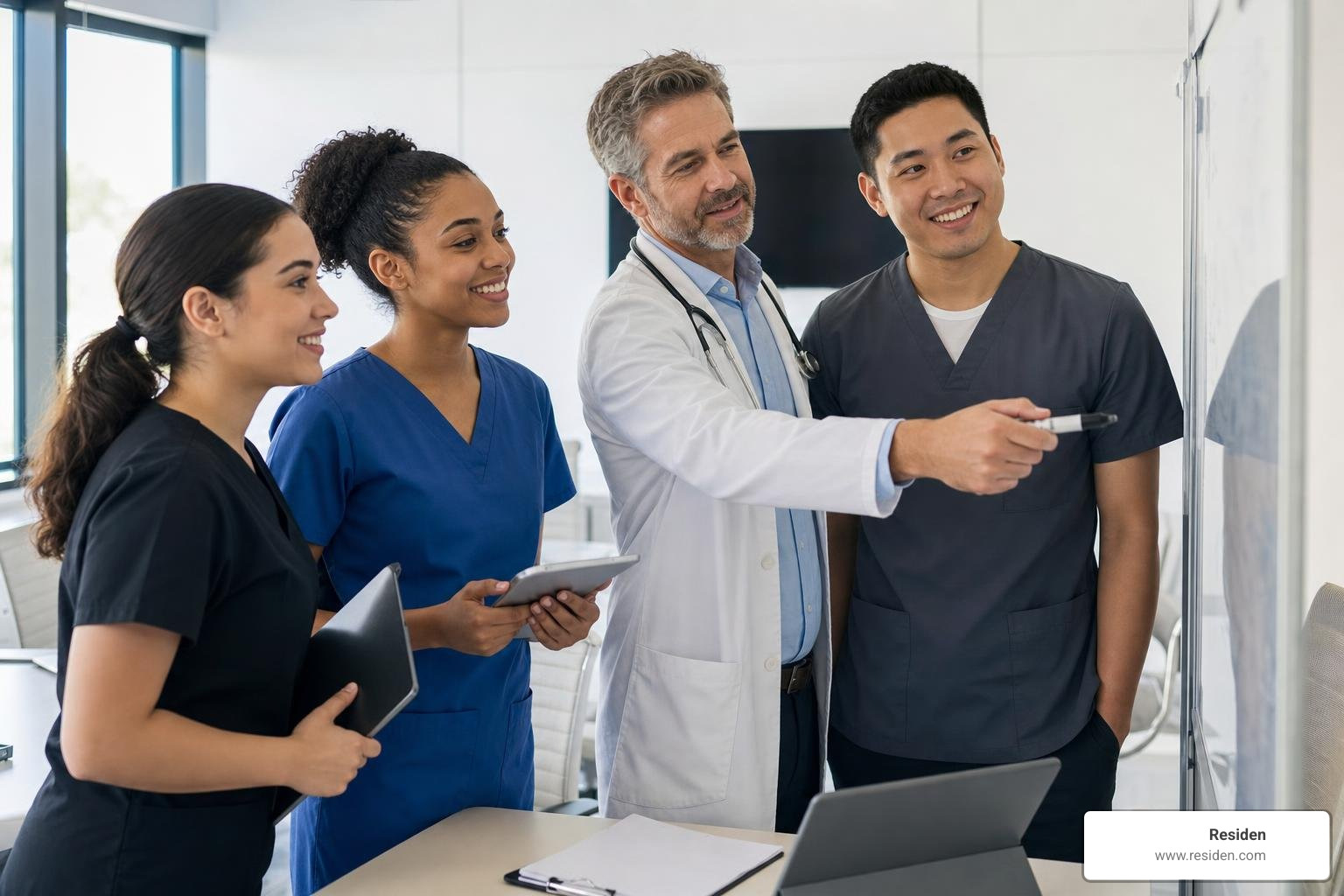 medical office team holding a daily workflow sync