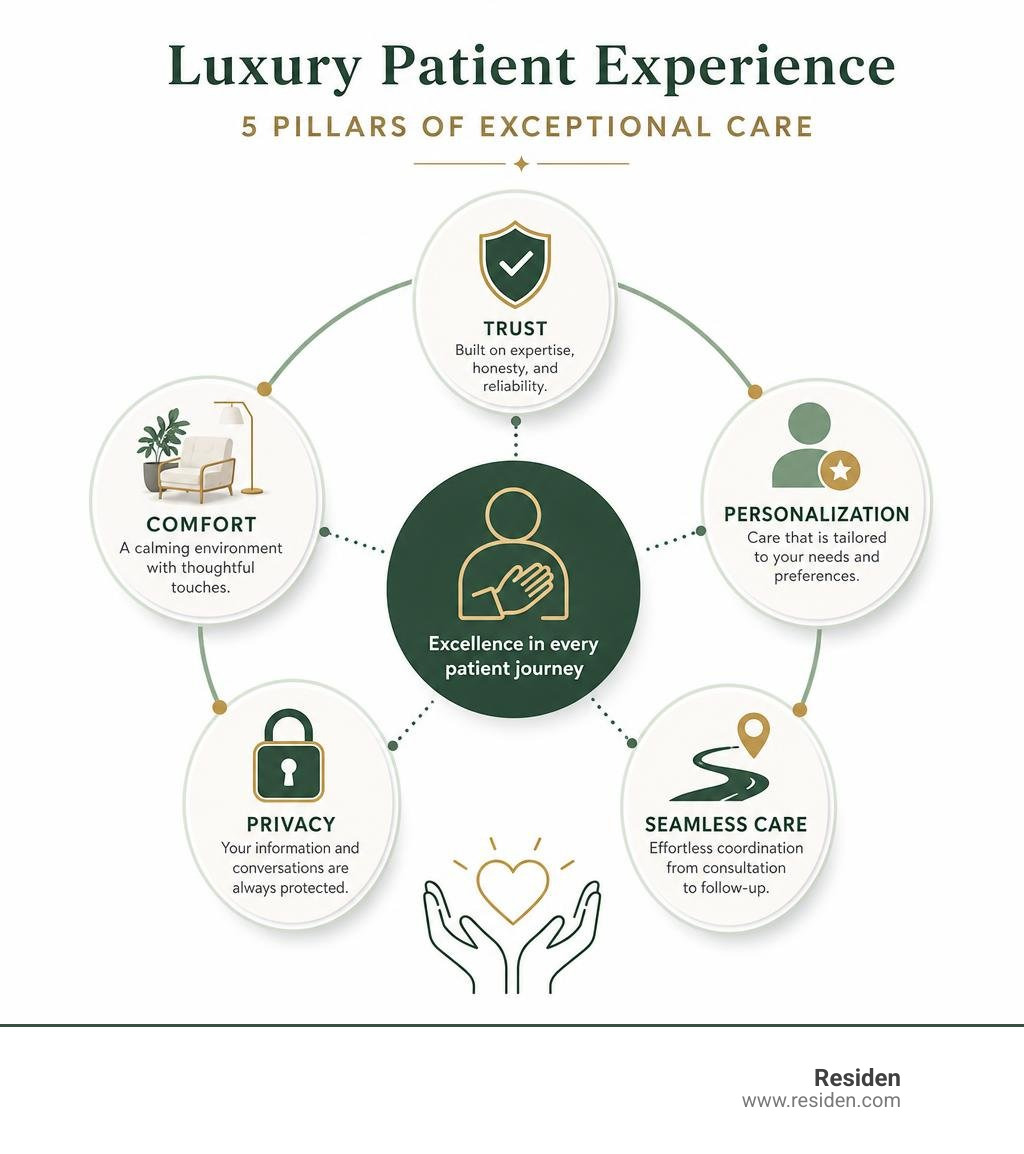 Luxury patient experience pillars: trust, comfort, personalization, privacy, and seamless care infographic Luxury patient experience pillars: trust, comfort, personalization, privacy, and seamless care infographic