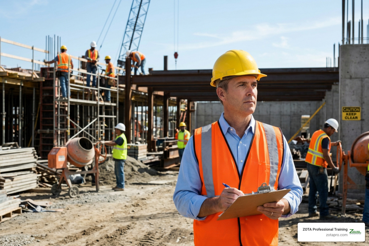 Site supervisor on jobsite overseeing safety protocol Site supervisor on jobsite overseeing safety protocol