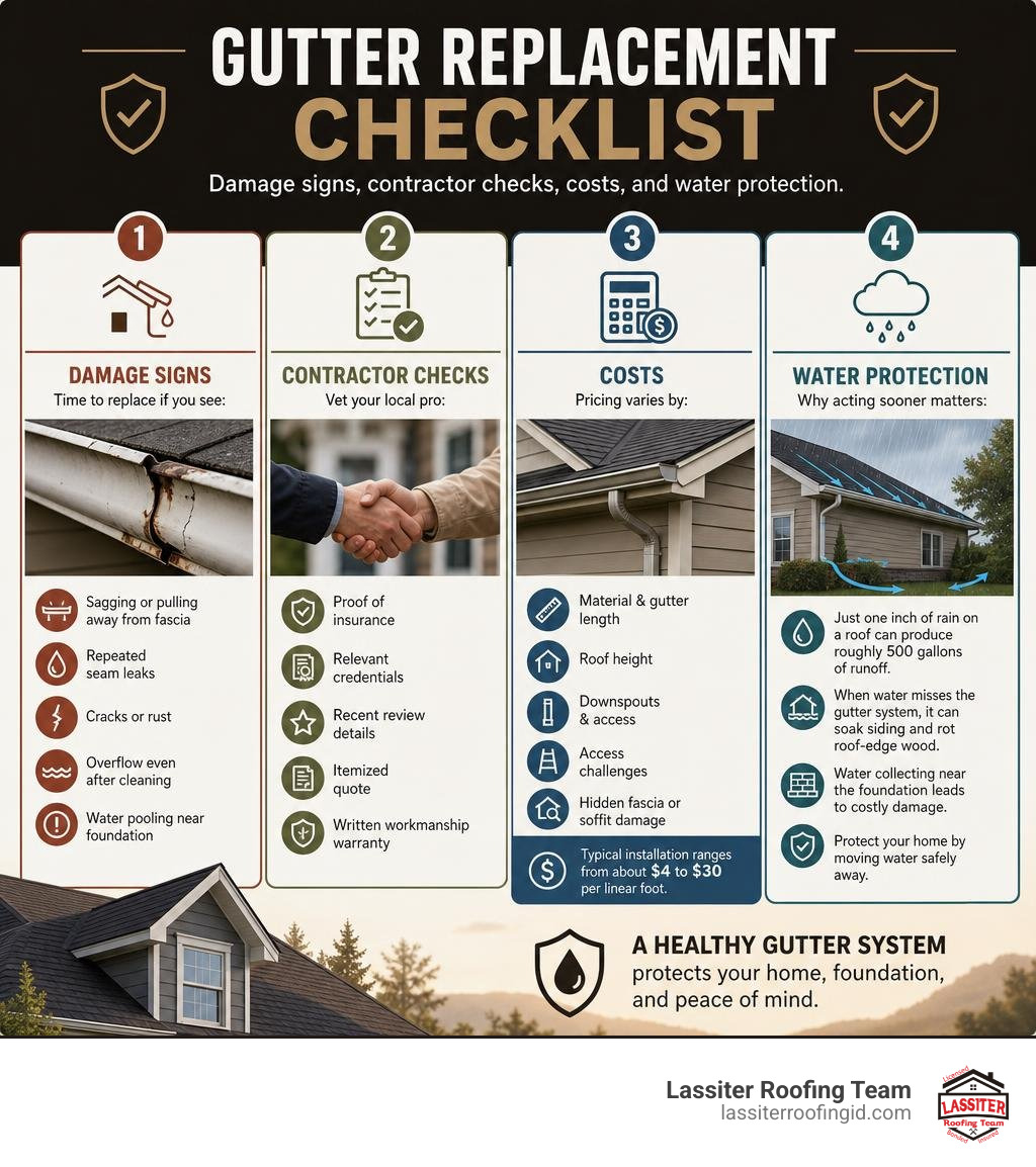 Gutter replacement checklist: damage signs, contractor checks, costs, and water protection infographic Gutter replacement checklist: damage signs, contractor checks, costs, and water protection infographic