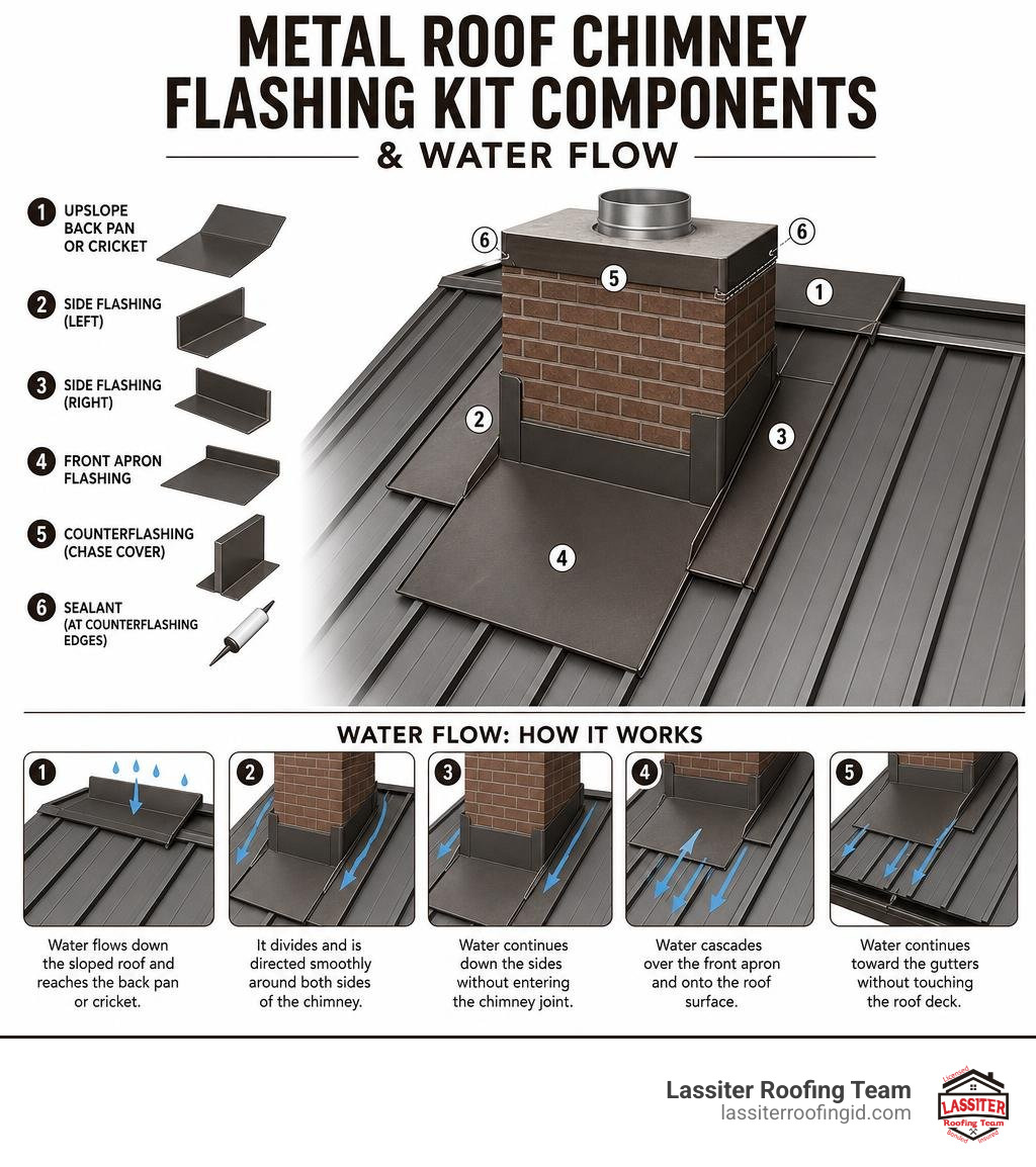 Metal roof chimney flashing kit components and water flow infographic Metal roof chimney flashing kit components and water flow infographic