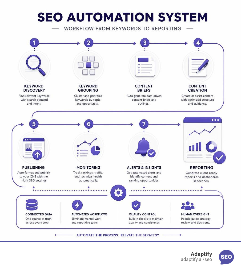 SEO automation system workflow from keywords to reporting infographic