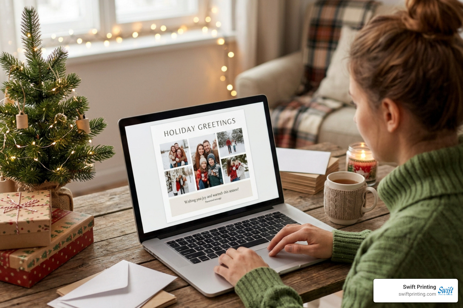designing a holiday photo card on a laptop screen