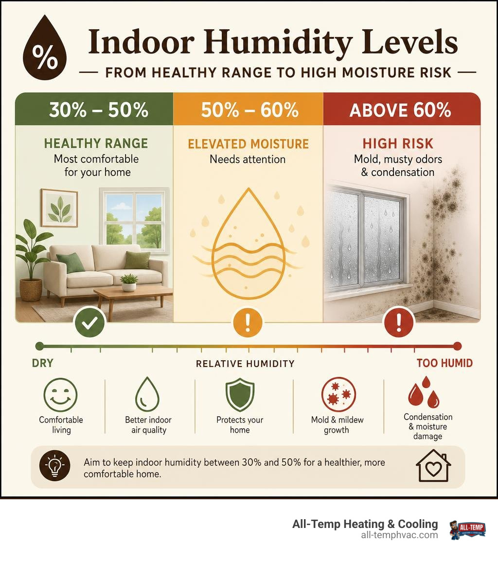Indoor humidity levels from healthy range to high moisture risk infographic Indoor humidity levels from healthy range to high moisture risk infographic