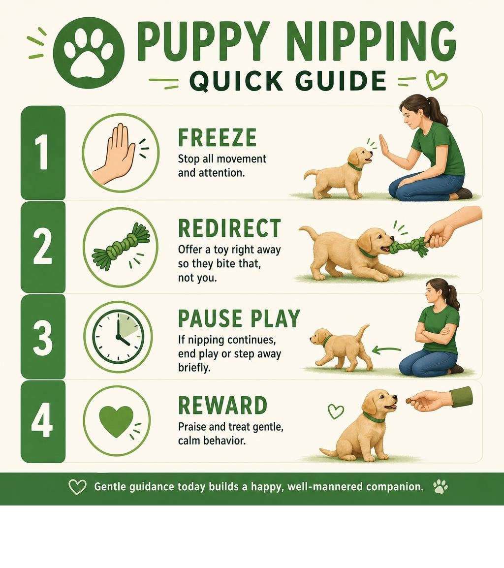 Puppy nipping quick guide: freeze, redirect to toy, pause play, reward gentle behavior infographic Puppy nipping quick guide: freeze, redirect to toy, pause play, reward gentle behavior infographic