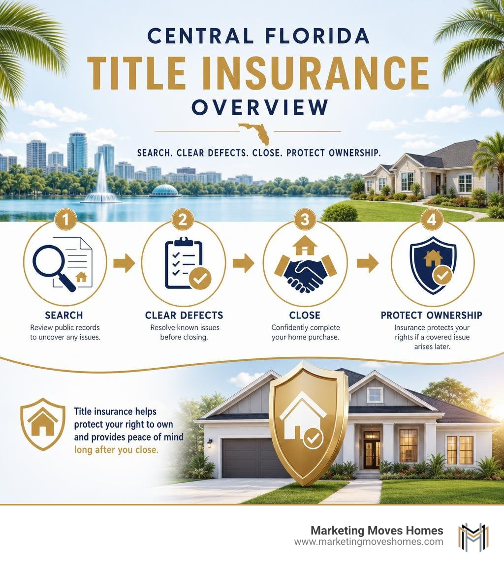 Central Florida title insurance overview: search, clear defects, close, protect ownership infographic Central Florida title insurance overview: search, clear defects, close, protect ownership infographic