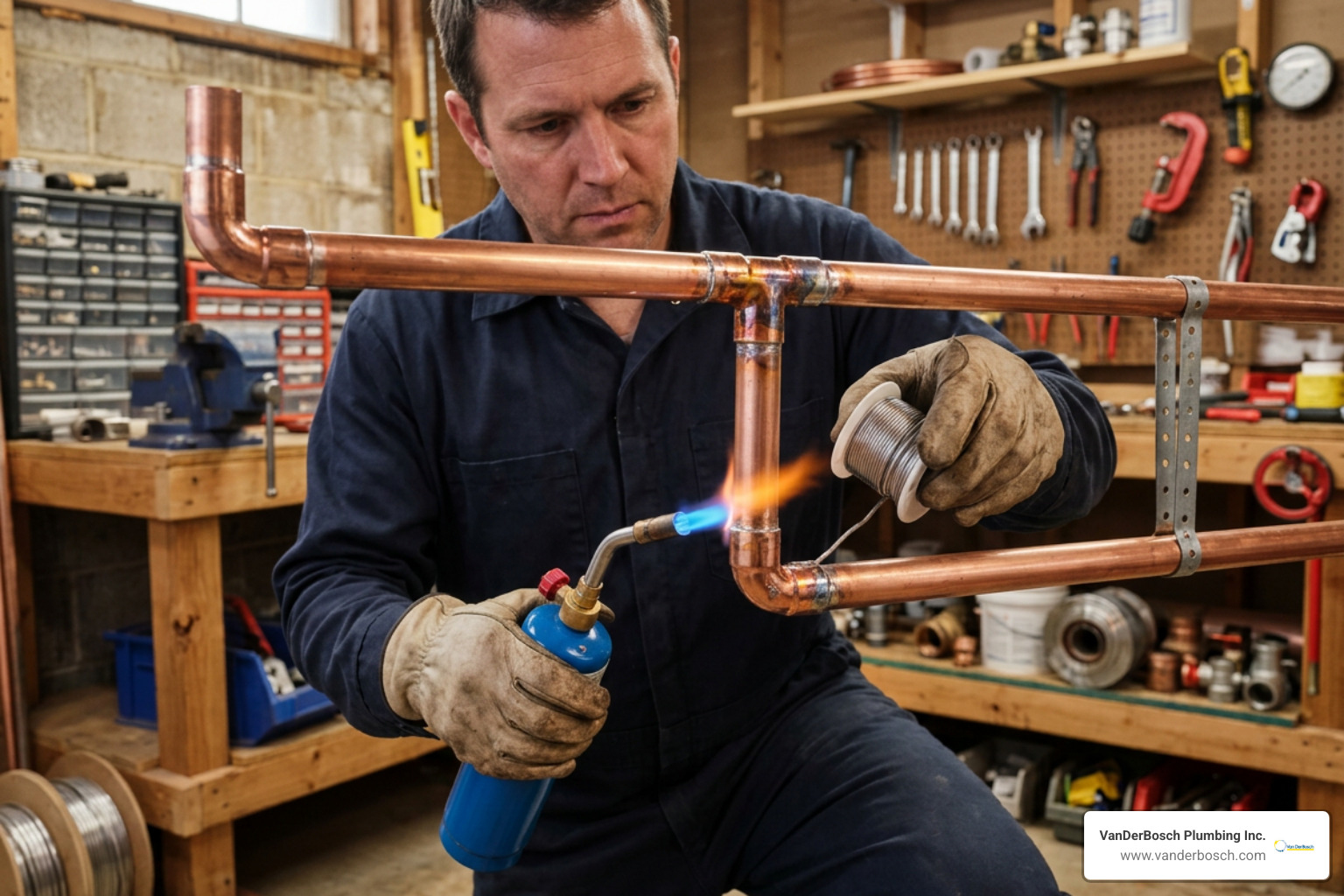 Plumber flame-soldering a copper pipe joint Plumber flame-soldering a copper pipe joint
