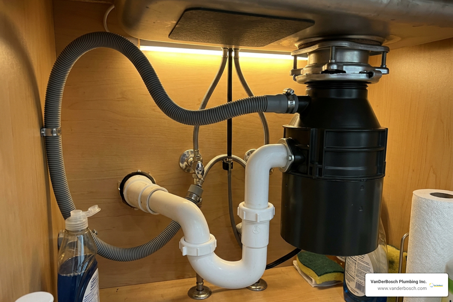 Mounted garbage disposal showing discharge tube and dishwasher drain line connected Mounted garbage disposal showing discharge tube and dishwasher drain line connected