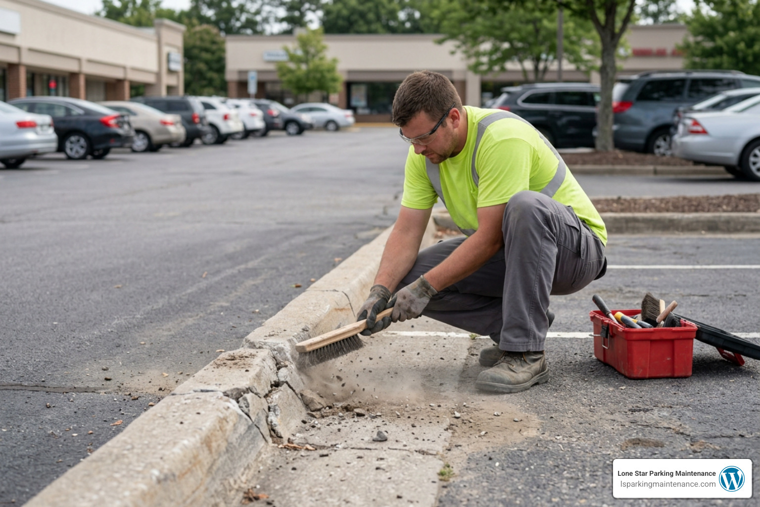 Worker using wire brush and tools to prepare cracked concrete curb for painting Worker using wire brush and tools to prepare cracked concrete curb for painting