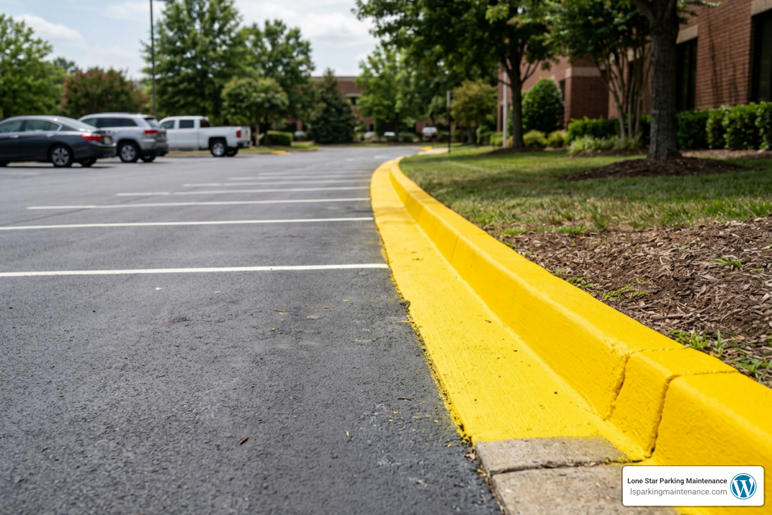Newly repaired concrete curb painted in bright high-visibility traffic yellow Newly repaired concrete curb painted in bright high-visibility traffic yellow