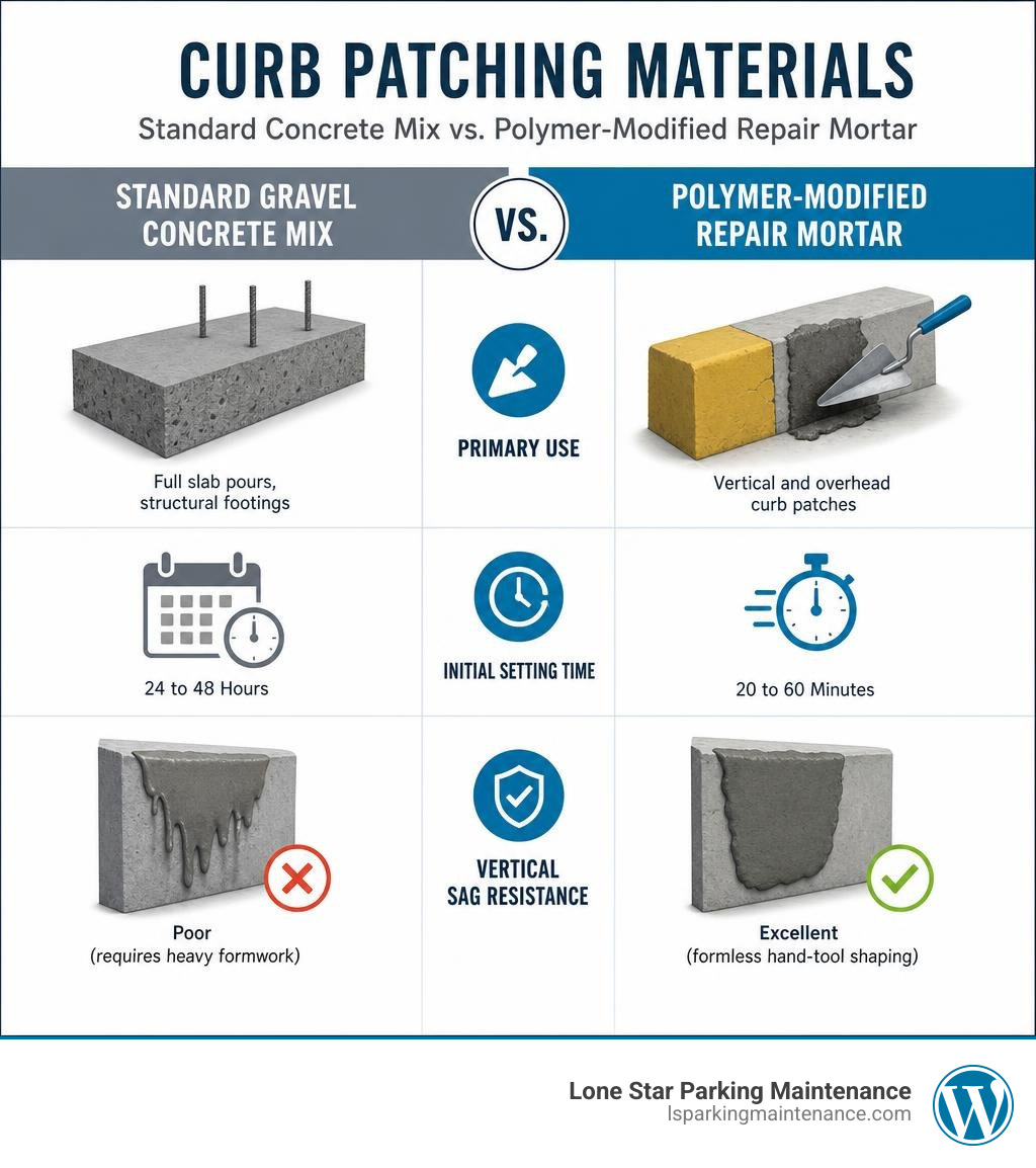 Comparison between standard concrete mix and polymer-modified repair mortar for curb patching infographic Comparison between standard concrete mix and polymer-modified repair mortar for curb patching infographic