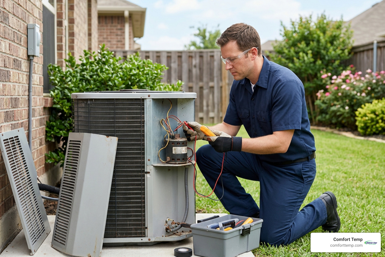 Technician examining worn electrical motor fan component Technician examining worn electrical motor fan component