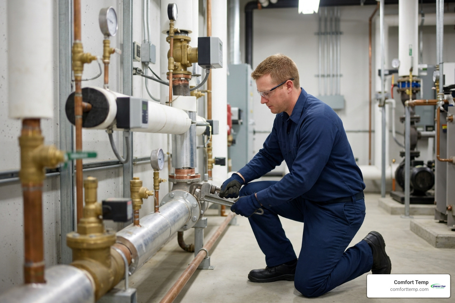 Technician servicing commercial water piping system Technician servicing commercial water piping system