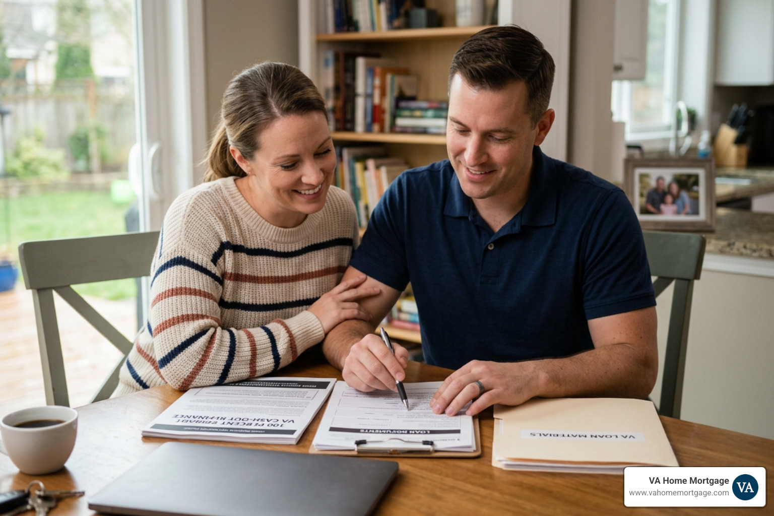 Happy military family standing in front of refinanced home