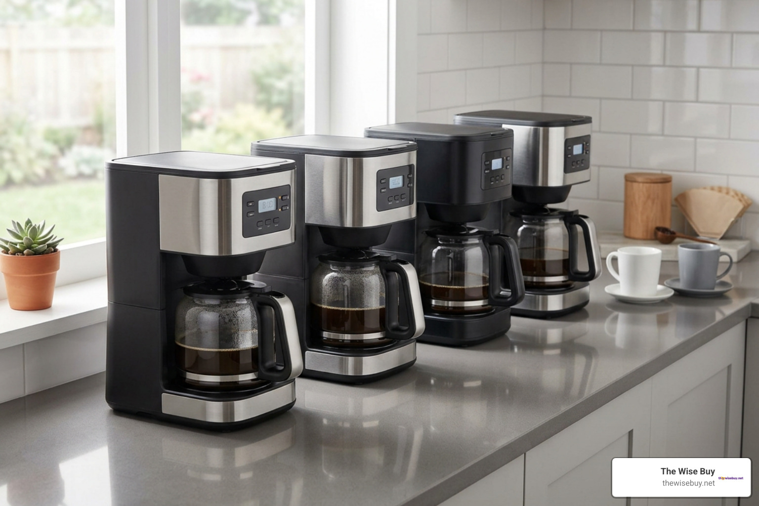 Modern drip coffee brewers lined up on a clean countertop Modern drip coffee brewers lined up on a clean countertop