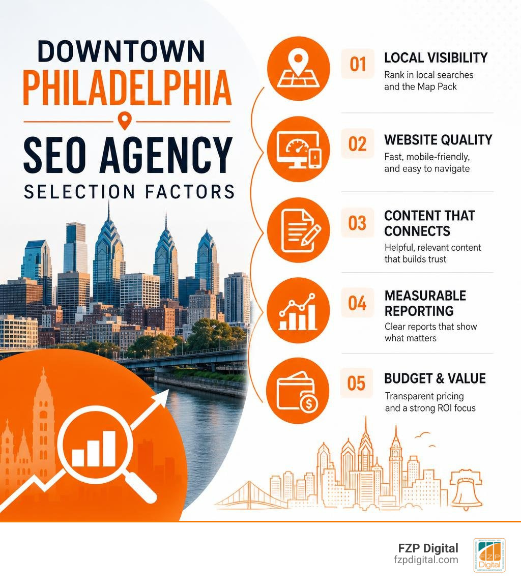 Downtown Philadelphia SEO agency selection factors: local visibility, website quality, content, reporting, budget infographic Downtown Philadelphia SEO agency selection factors: local visibility, website quality, content, reporting, budget infographic