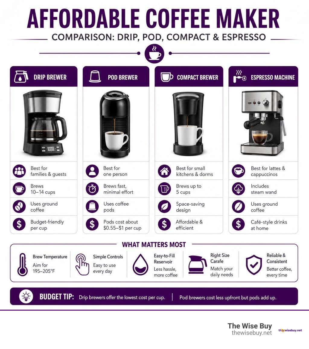 Affordable coffee maker comparison: drip, pod, compact, and espresso options infographic Affordable coffee maker comparison: drip, pod, compact, and espresso options infographic
