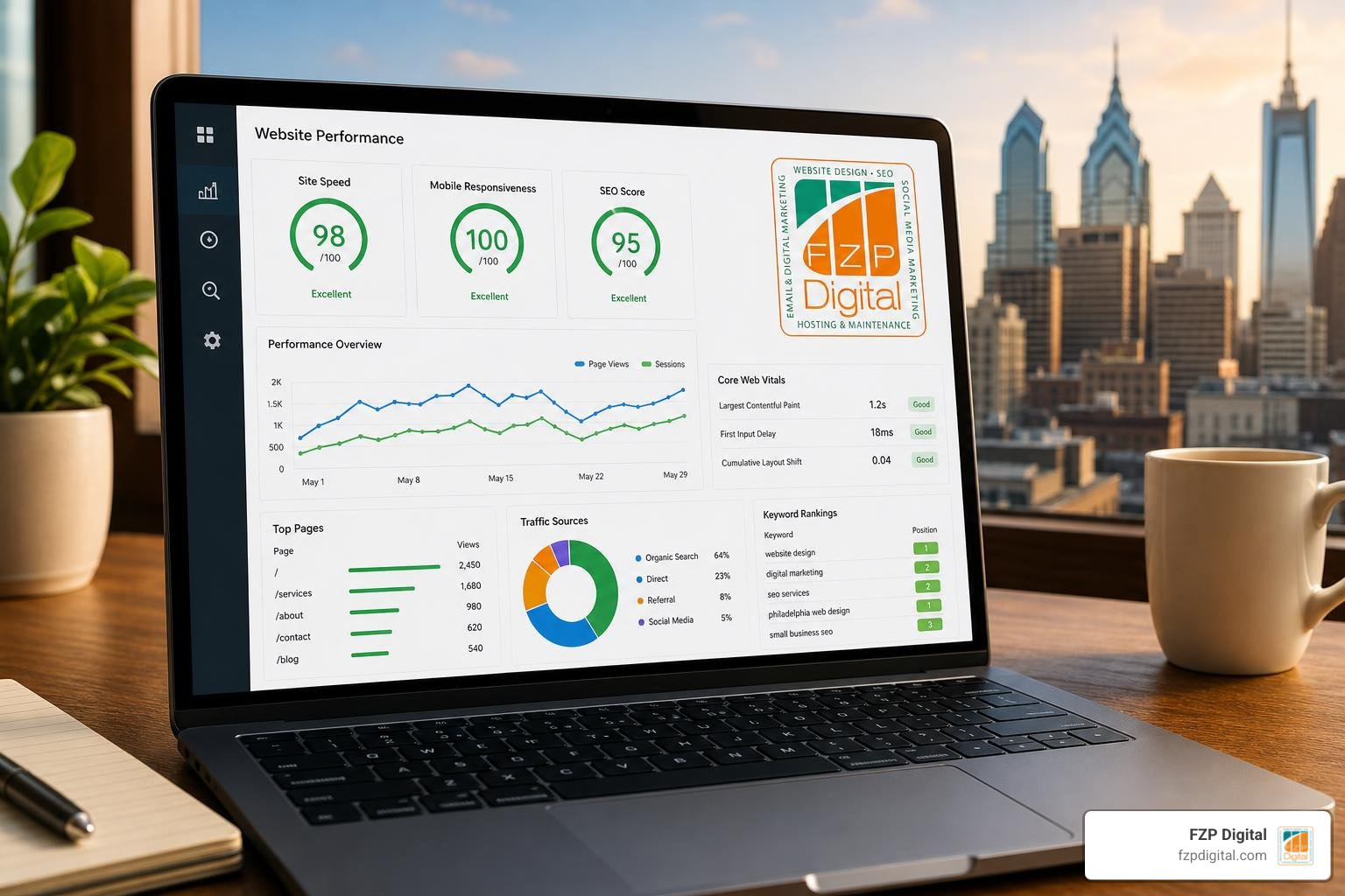 Website performance optimization dashboard analyzing site speed and mobile responsiveness for a Downtown Philadelphia SEO Website performance optimization dashboard analyzing site speed and mobile responsiveness for a Downtown Philadelphia SEO