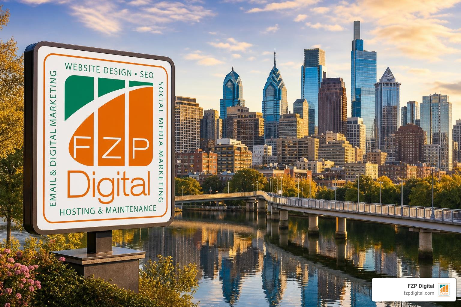 Downtown Philadelphia SEO agency with FZP Digital logo and Philadelphia skyline