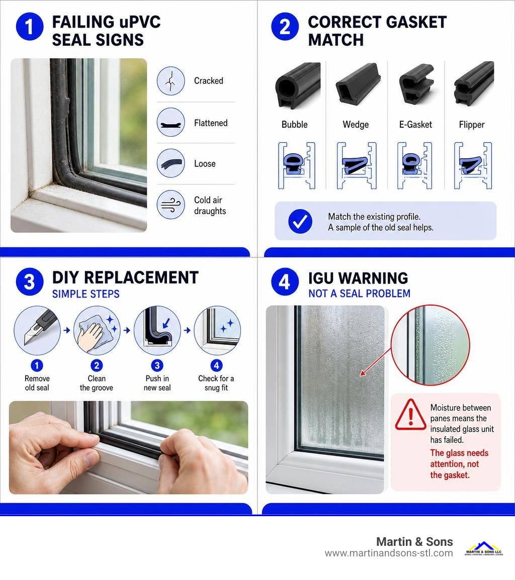 Infographic showing failing uPVC seal signs, correct gasket match, DIY replacement, and IGU warning infographic Infographic showing failing uPVC seal signs, correct gasket match, DIY replacement, and IGU warning infographic