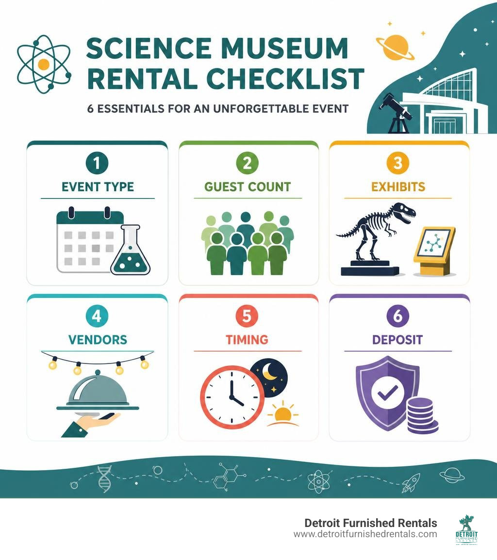Science museum rental checklist: event type, guest count, exhibits, vendors, timing, deposit infographic
