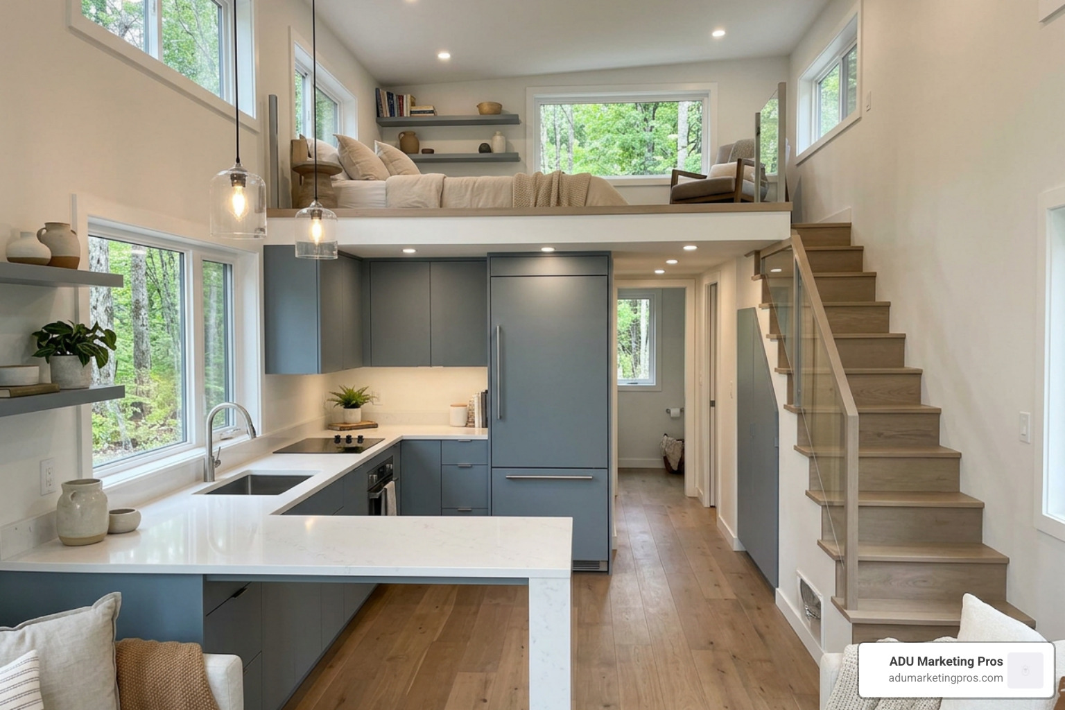 Luxury custom tiny home interior with high-end fixtures and standing lofts