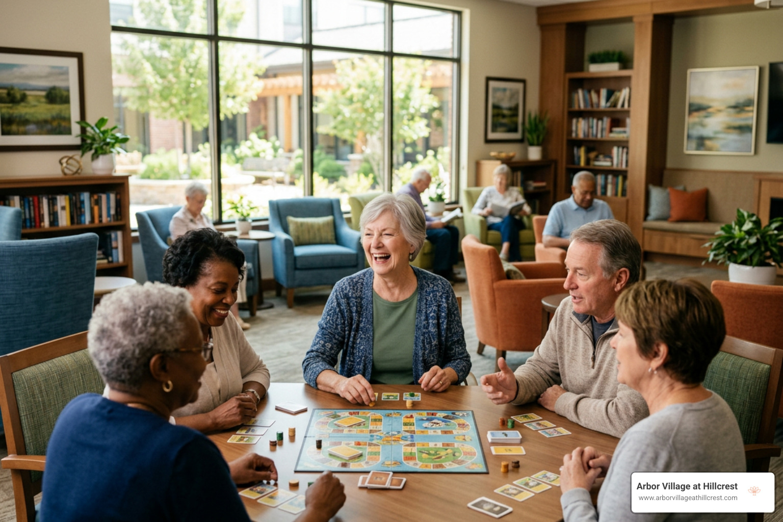 Senior resident engaging in cheerful social activities in a supportive senior community