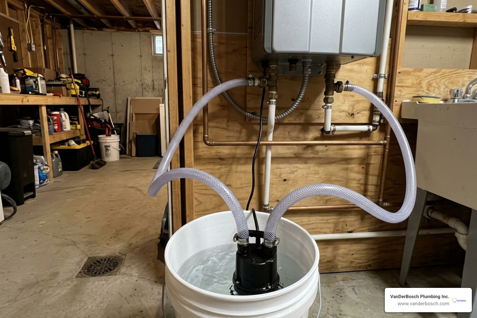 DIY descaling setup showing pump in a bucket connected to isolation valves DIY descaling setup showing pump in a bucket connected to isolation valves