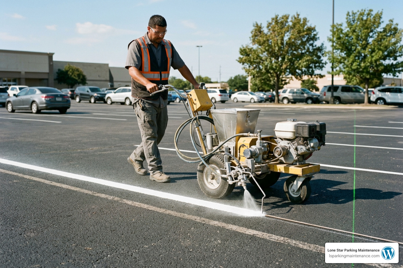 Laser-guided parking lot striping machine in operation