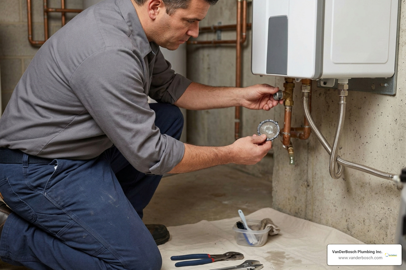 Technician removing and cleaning cold water inlet filter screen Technician removing and cleaning cold water inlet filter screen
