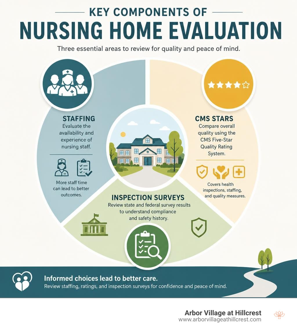 Infographic: Key components of nursing home evaluation including staffing, CMS stars, and inspection surveys infographic