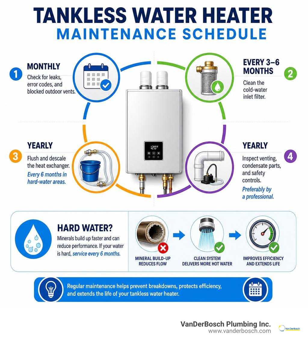 Tankless water heater maintenance schedule with filters, flushing, inspections, and hard water intervals infographic Tankless water heater maintenance schedule with filters, flushing, inspections, and hard water intervals infographic